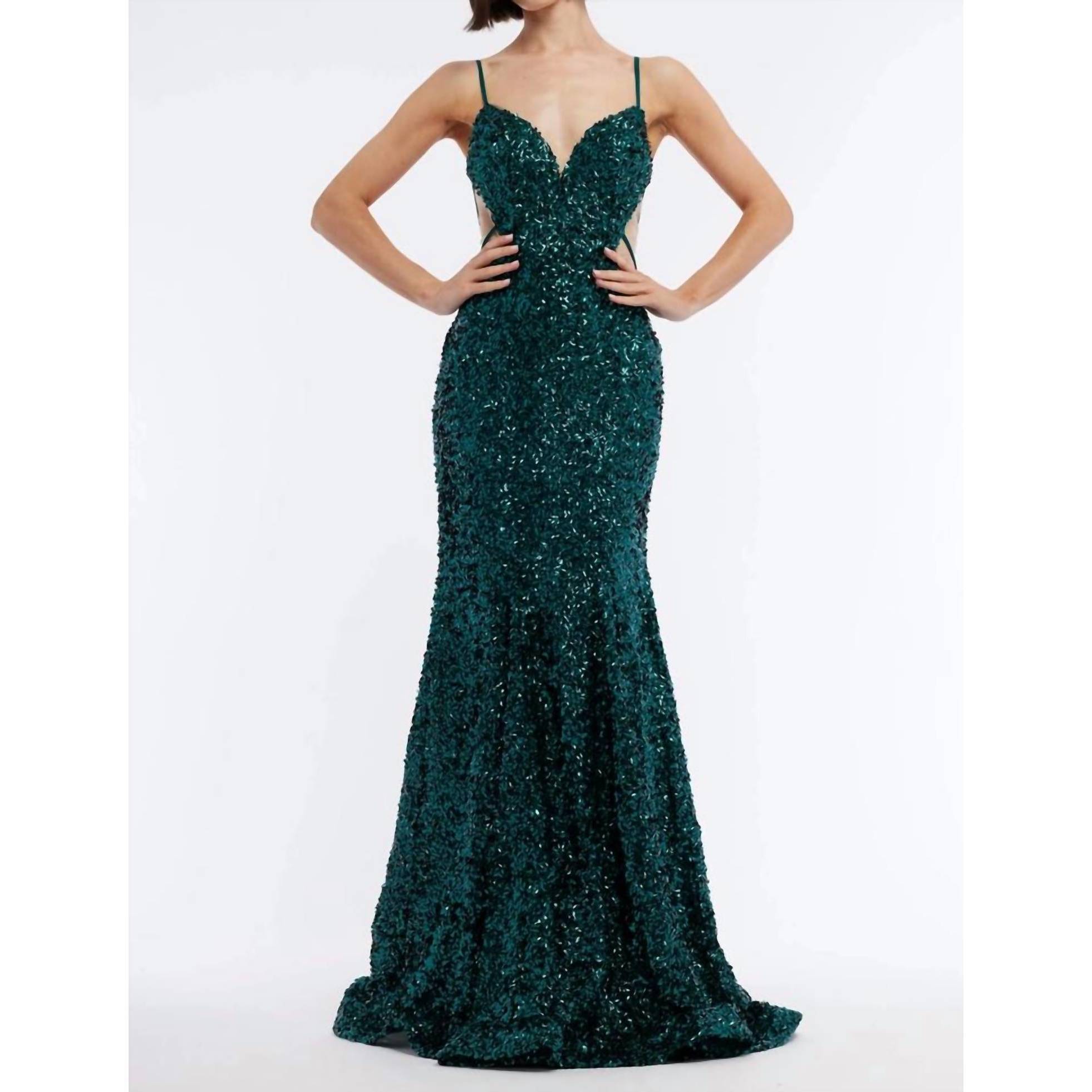 New Vienna Prom Backless Sheer Cut Out Sequin Prom Dress In Green